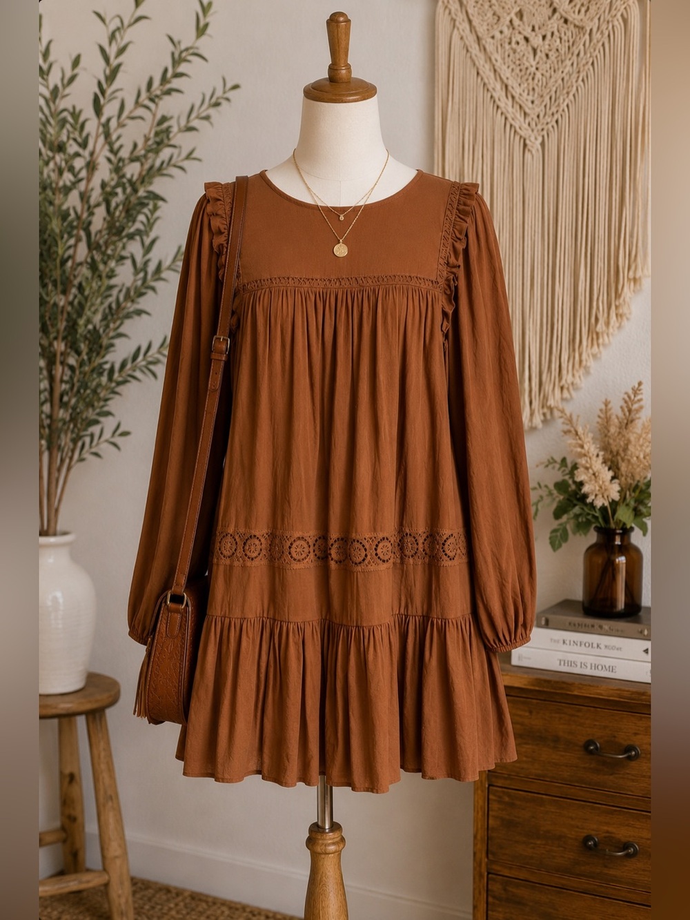 One One Six Brown Cottagecore Crochet Long Sleeve Babydoll Mini Dress Small